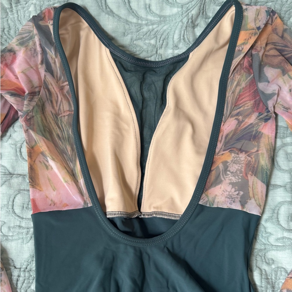 Eleve Dancewear long sleeve mesh floral & hunter green ballet leotard sz S - Picture 6 of 11
